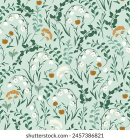 Seamless floral green pattern. Randomly placed various vector flowers, leaves, illustrations throughout the print on a sage green background.