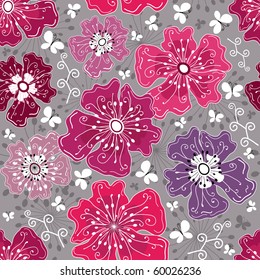 Seamless floral grey pattern with flowers and butterflies (vector)