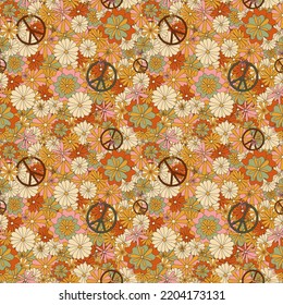 Seamless floral groovy pattern. Seamless vectorn with orange and pink flowers with peace sign for fabric or paper print. 