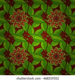 Seamless floral grunge brown background with green leaves. Vector.