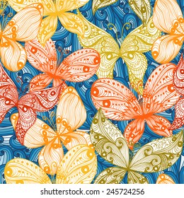 Seamless floral hand drawn background with butterflies and blue swirls