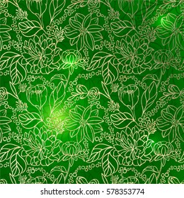 Seamless floral hand drawn detailed pattern, bouquet of flowers. GOLDEN flowers outlines on vintage GREEN background