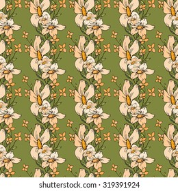 Seamless floral hand drawn pattern. Orange and yellow wildflowers. 