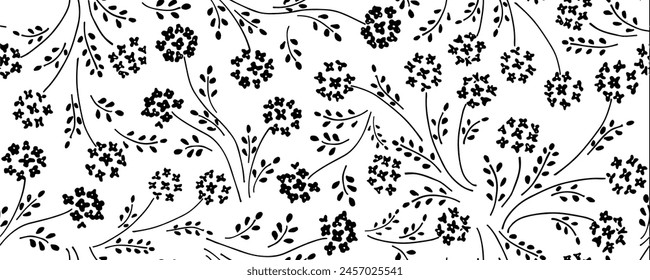 Seamless floral hand-drawn pattern with beautiful hydrangeas. Vintage background with blooming hydrangea.  Black paint illustration with abstract floral motif. 