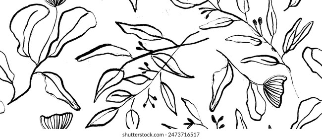 Seamless floral hand-drawn pattern with beautiful rose. Vintage background with blooming rose.  Black paint illustration with abstract floral motif. 