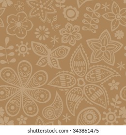 Seamless floral hand-drawn pattern, leaf and flower background (seamlessly tiling). Retro pattern with leaf. Organic ornament can be used as wallpaper