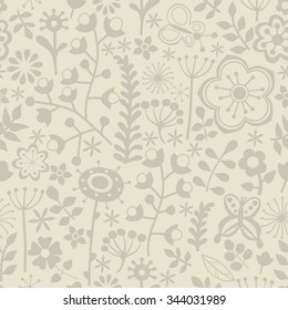 Seamless floral hand-drawn pattern, leaf and flower background (seamlessly tiling). Retro pattern with leaf. Organic ornament can be used as wallpaper