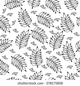 Seamless floral hand-drawn pattern, leaf background (seamlessly tiling). Pattern with leaf. Floral ornament. Floral texture with hand drawn flowers and plants.
