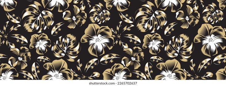 seamless floral hawaii pattern on black background, textile flowers elements, Hand drawn background, summer design fashion artwork for clothes, nature wallpaper