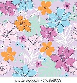 Seamless floral hibiscus floral print summer sketchy doodle. Brush stroke vector print. Summer and spring fashion and swim print for girls and teens