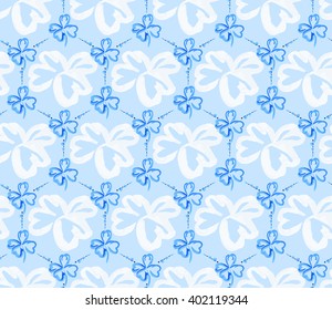 Seamless floral honeycombs pattern of blue clovers contour on turquoise background.