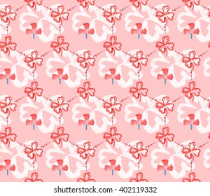 Seamless floral honeycombs pattern of red clovers contour with red flower inside on pink background.