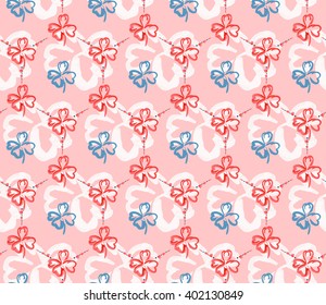 Seamless floral honeycombs pattern of red clovers contour with blue clover contour inside on pink background.