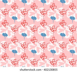 Seamless floral honeycombs pattern of red clovers contour with blue flower silhouette inside on pink background.