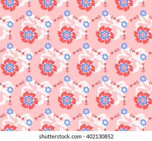 Seamless floral honeycombs pattern of six blue flowers around a red flower inside on pink background.