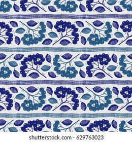 Seamless floral horizontal background with rowan berry and leaves. Hand drawn vector illustration