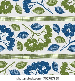 Seamless floral horizontal background with rowan berry and foliage. Hand drawn vector illustration, retro effect 