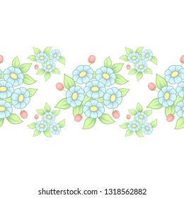 Seamless floral horizontal pattern with daisy flowers isolated on white background