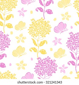 Seamless floral hydrangea background with butterflies.