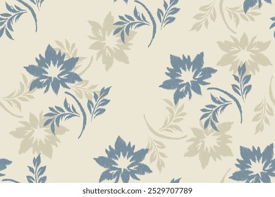 Ikat floral sem costura e padrão damasco com flores azuis e beges no fundo creme. Design de tecido têxtil vintage perfeito para papel de parede, estofamento e decoração interior.