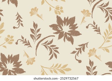Ikat floral sem costura e padrão damasco com flores marrom e bege no fundo creme. Design de tecido têxtil tradicional perfeito para papel de parede, estofamento e decoração interior.