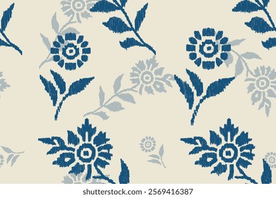 Seamless floral Ikat and damask pattern with blue and beige flowers on cream background. Vintage textile fabric design perfect for wallpaper, upholstery, and interior decor.