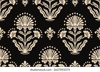 Seamless floral ikat pattern with beige ornamental flowers on black background, traditional ethnic textile print, vintage style design for fabric, wallpaper, fashion, interior decor.