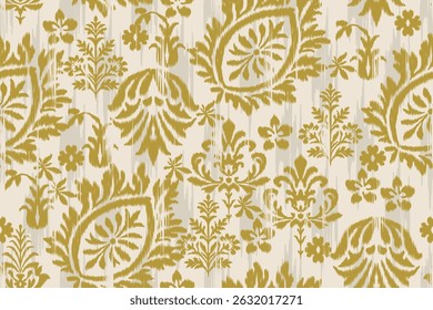Seamless floral ikat pattern in green on beige background with traditional ornamental motifs. Ethnic textile design for vintage fabric, wallpaper, wrapping, home decor, and fashion use.