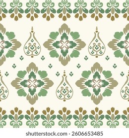 Seamless floral Ikat pattern in tribal, oriental ethnic traditional. Design texture, fabric, clothing, wrapping, carpet, curtain, cushion, embroidery, batik, wallpaper, hand craft and illustration.