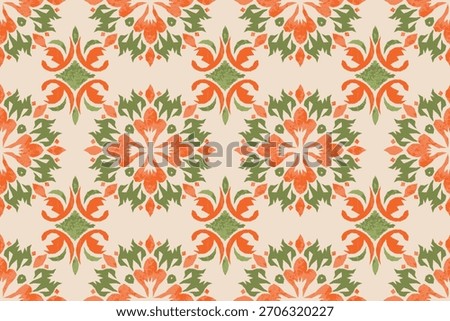 Seamless floral ikat pattern in warm orange and green tones, inspired by traditional textile motifs. perfect for fabric prints, wallpaper, packaging, home décor, and craft projects.