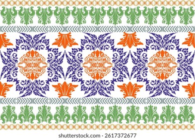 Seamless floral Ikat wallpaper with round lace pattern decorated with ikat ornament pattern wallpaper that matches the carpet pattern.
