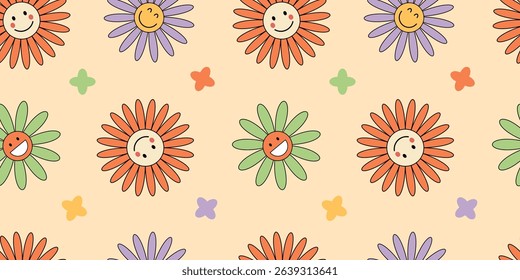 Seamless floral illustration with different smiley flower emotions. Happy cartoon faces in bright colors. Funky childlike pattern for textiles, cards, stationery, social media
