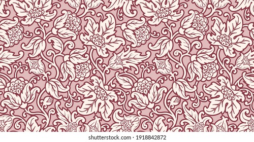 Seamless floral lace background. Abstract texture with stylized flowers and leaves. Ornamental pink pattern.