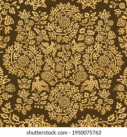 Seamless floral lace background with birds on the flowering branches. Ethnic pattern with ancient ukrainian embroidery motifs.
