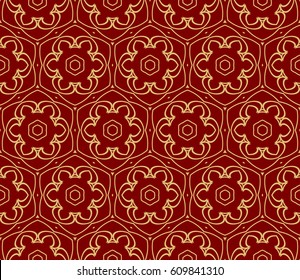 seamless floral lace pattern. Geometric ornament. abstract vector illustration. gold on red. for design invitation, background, wallpaper, fabric, textile