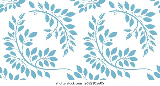 Seamless floral leaf pattern design in elegant blue vector style with circular decorative branches. Perfect for fabric, wallpaper, stationery, wrapping paper, and creative projects.