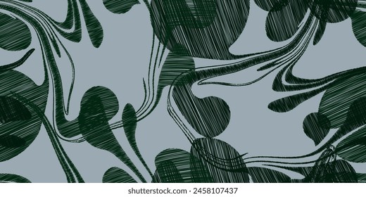 Patrón de hojas florales sin costuras. Decoración de la línea de la rama de la flor en verde oscuro para estampados de tela de moda. Ilustración vectorial