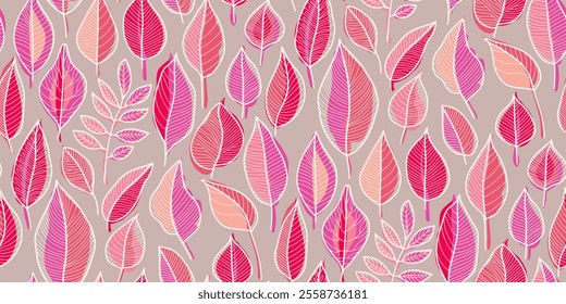 Seamless floral leaf pattern in pink, purple, red with white vein details on light grey background. Perfectly for textiles, wallpapers, packaging, wrapping papers, fabrics, decor ornament.