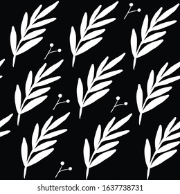 Seamless floral leaf pattern. Stylish repeating texture. Repeating texture with leaves. Black and White. Black background.