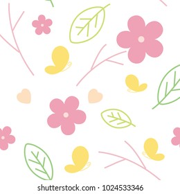 Seamless floral and leaves pattern, white background, Spring theme, vector illustration