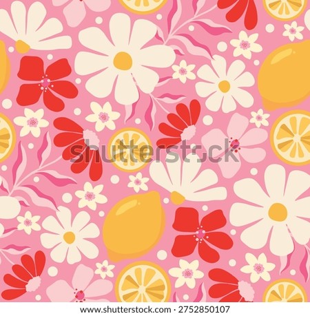 Seamless floral lemon pattern with flowers and citrus fruit, retro summer background