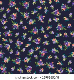 Seamless floral liberty pattern with simple small flowers. Folk, country style millefleurs. Plant background for textile, wallpaper, covers, surface, print, wrap, scrapbooking, decoupage. 