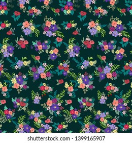 Seamless floral liberty pattern with simple small flowers. Folk, country style millefleurs. Plant background for textile, wallpaper, covers, surface, print, wrap, scrapbooking, decoupage. 