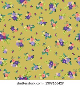 Seamless floral liberty pattern with simple small flowers. Folk, country style millefleurs. Plant background for textile, wallpaper, covers, surface, print, wrap, scrapbooking, decoupage. 