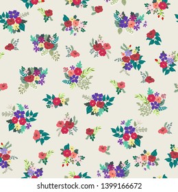 Seamless floral liberty pattern with simple small flowers. Folk, country style millefleurs. Plant background for textile, wallpaper, covers, surface, print, wrap, scrapbooking, decoupage. 