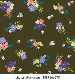 Seamless floral liberty pattern with simple small flowers. Folk, country style millefleurs. Plant background for textile, wallpaper, covers, surface, print, wrap, scrapbooking, decoupage. 