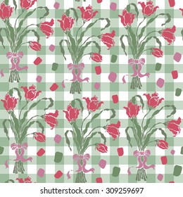 Seamless floral lilly pattern on checkered background