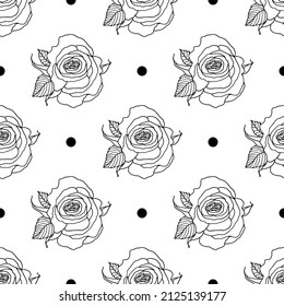 Seamless floral line art background with roses and leaf pattern illustration. Monochrome vector file.