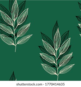 Arte de línea floral sin inconveniente. Patrón de hojas sobre fondo verde.
