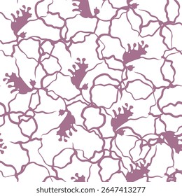 Padrão de arte de linha floral sem costura com flores roxas abstratas e caules emaranhados em um fundo branco. Perfeito para têxteis, papéis de parede e design de moda.